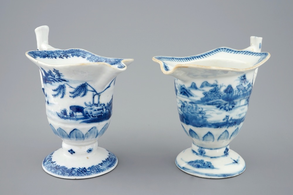 A pair of Chinese blue and white helmet-shaped jugs, Qianlong, 18th C.